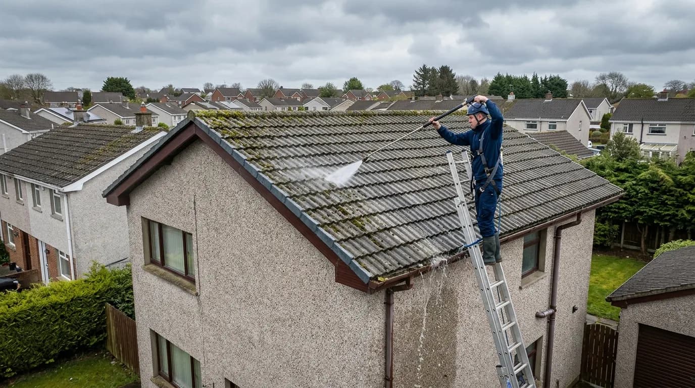 A moss covered roof being softwashed clean in the Belfast area