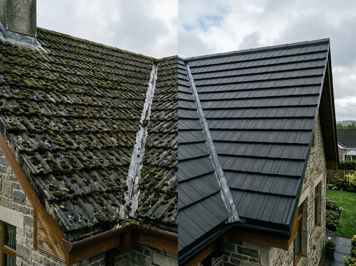 Roof cleaning before and after on a Northern Irish home