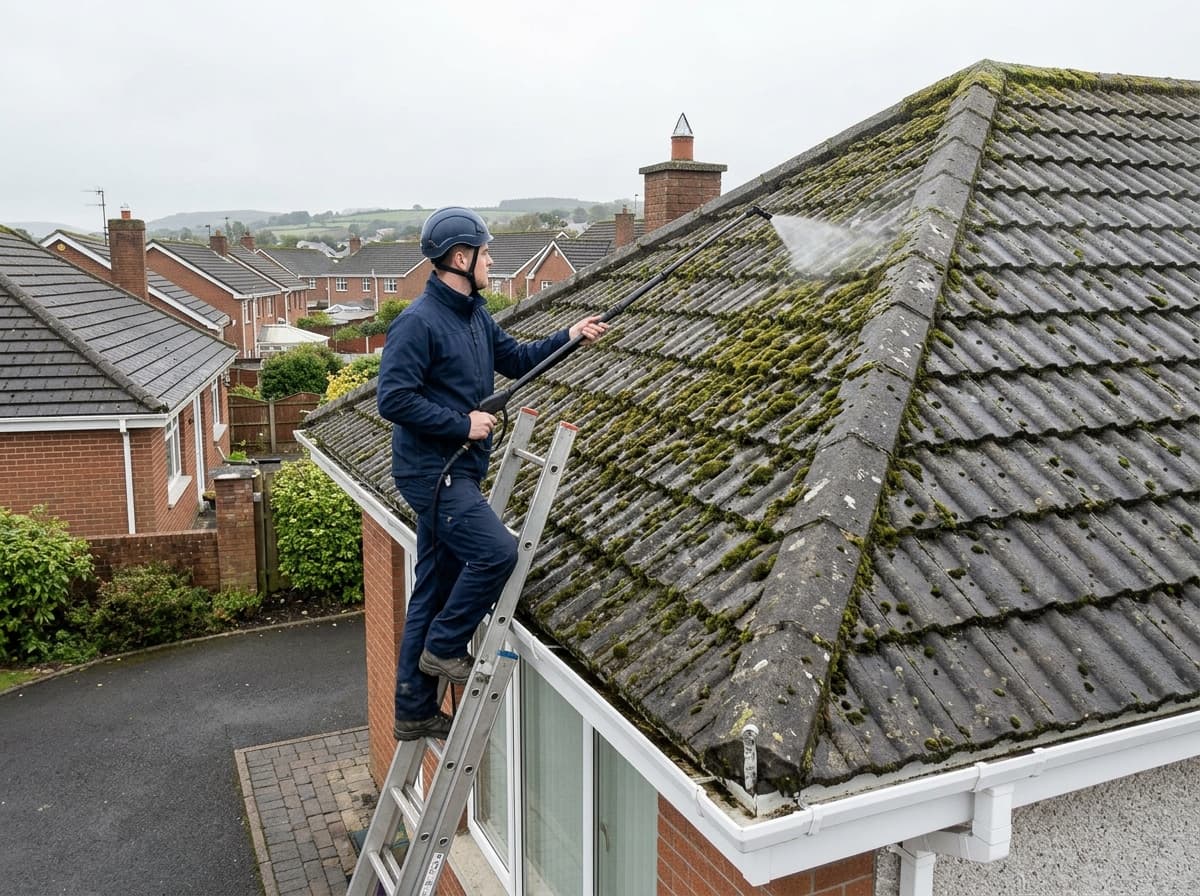 Roof cleaning technician softwashing moss from tiles with a low-pressure lance